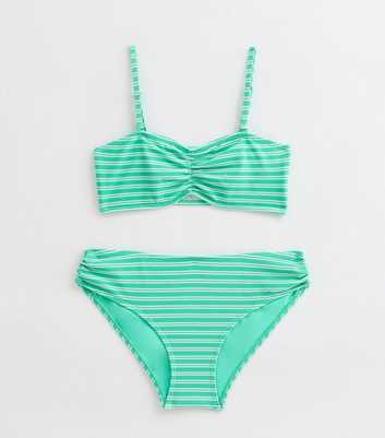 Girls Green Textured Striped Ruched Bikini Set