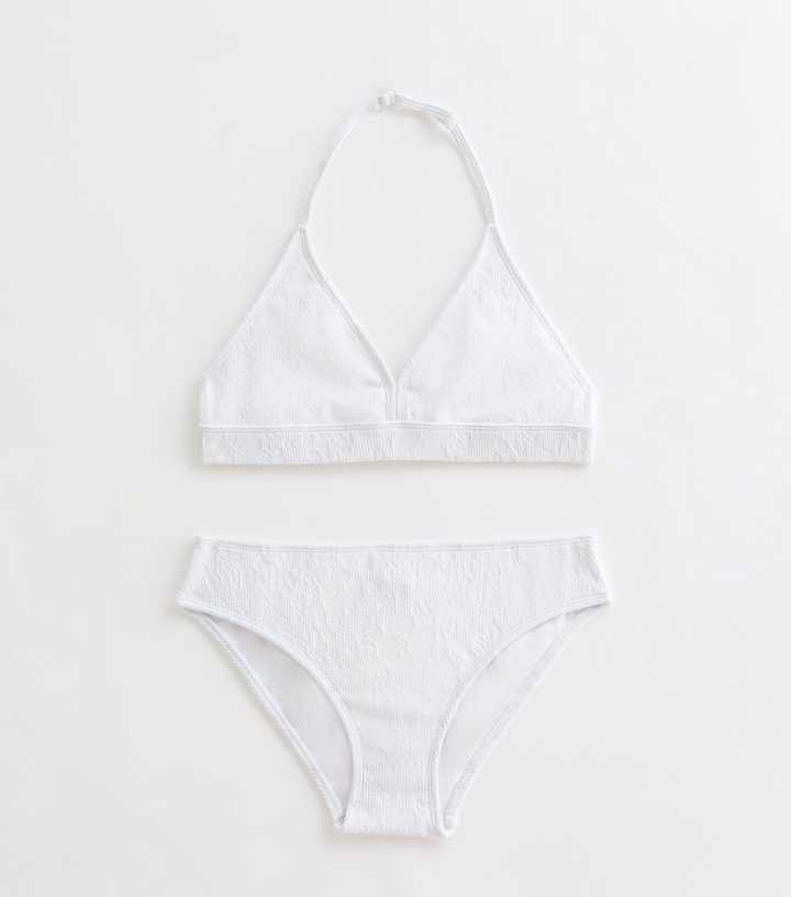 Girls White Textured Triangle Bikini Set