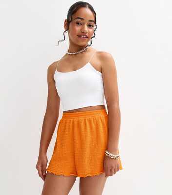 Girls Light Coral Crinkle Texture Lettuce Trim Shorts