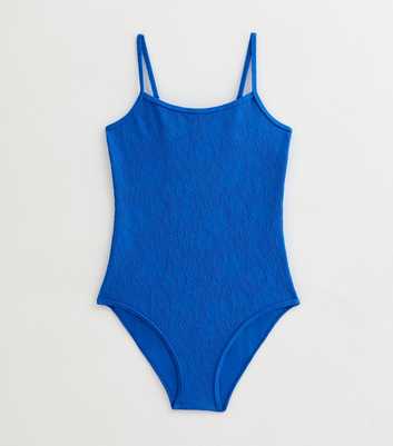 Girls Blue Textured Hibiscus Swimsuit
