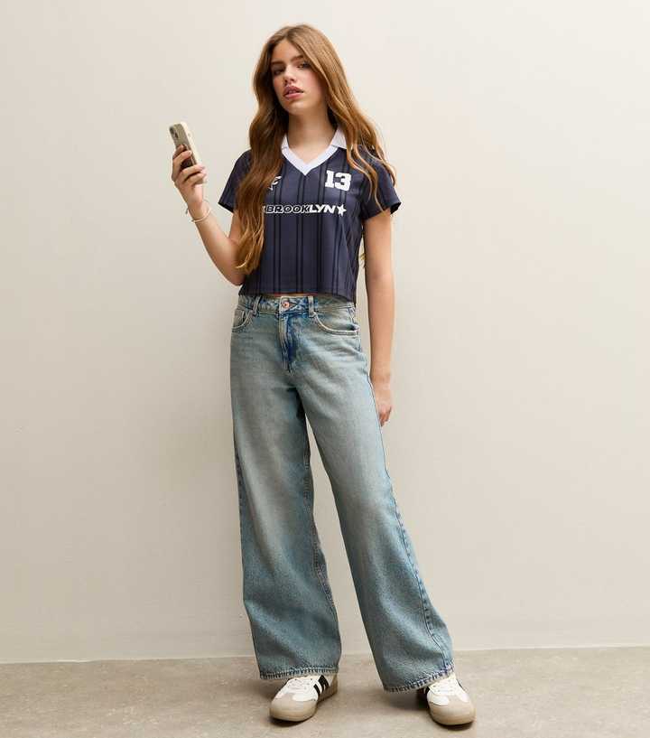 Girls Blue Washed Wide Leg Jeans