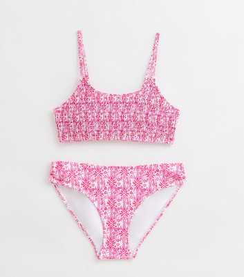 Girls Pink Abstract Print Shirred Cropped Top Bikini Set