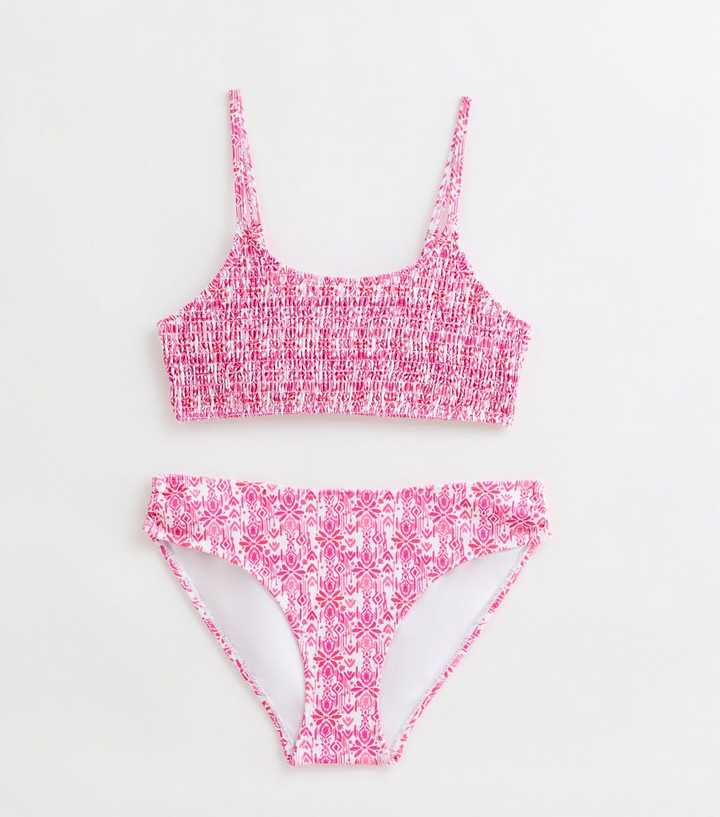 Girls Pink Abstract Print Shirred Cropped Top Bikini Set