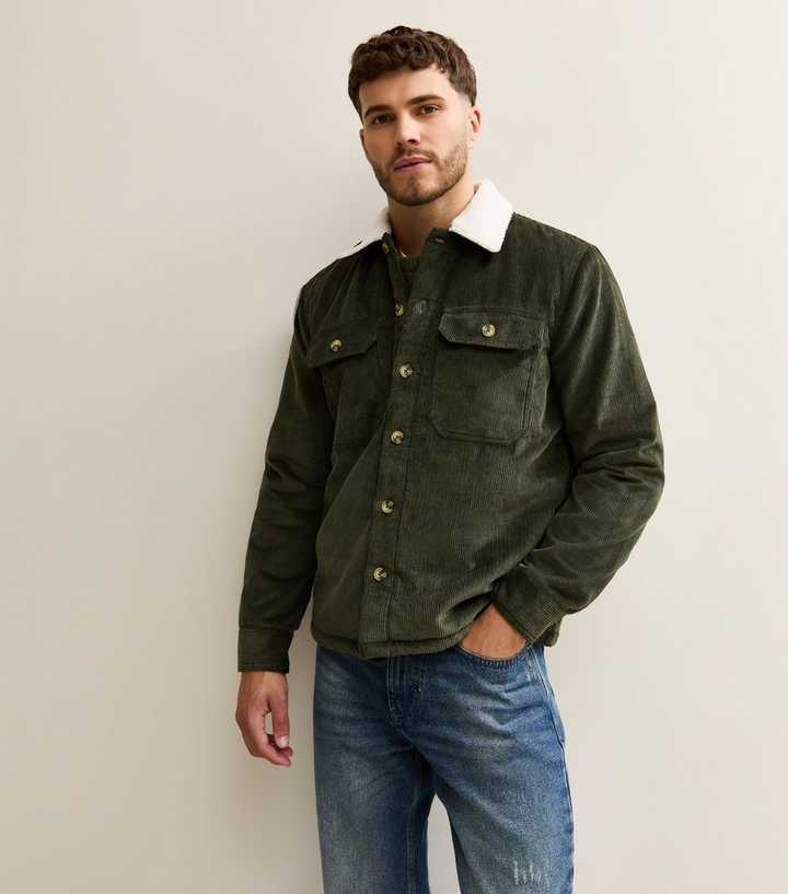 Khaki Relaxed Corduroy Contrast Borg Collar Jacket
