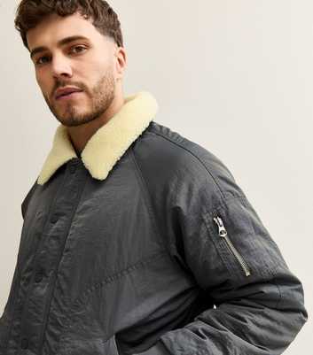 Grey Regular Fit Borg Collar Bomber Jacket