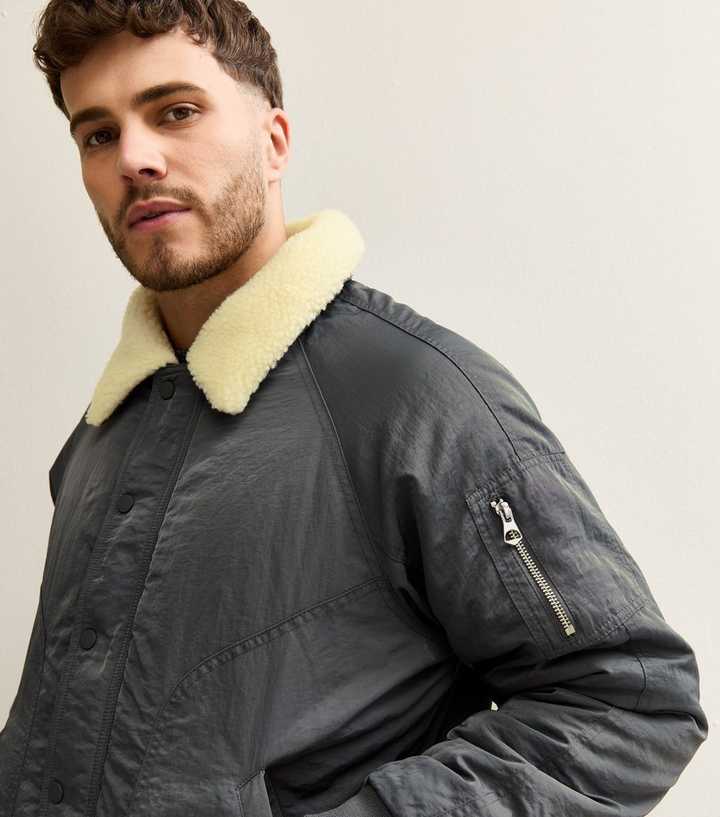 Grey Regular Fit Borg Collar Bomber Jacket