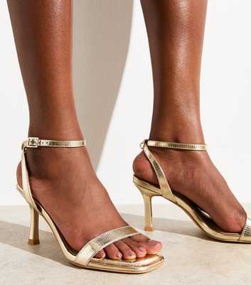 Gold Metallic Faux Leather Stiletto Heel Sandals