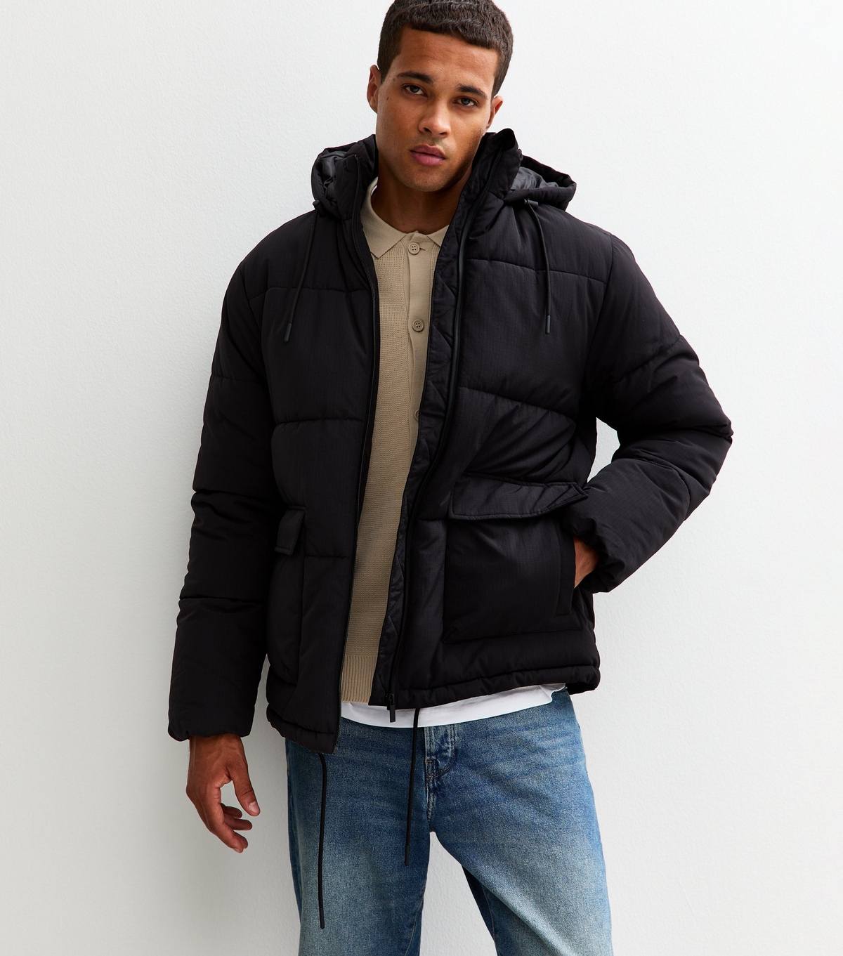 Men's Black Regular Fit Ripstop Puffer Jacket New Look