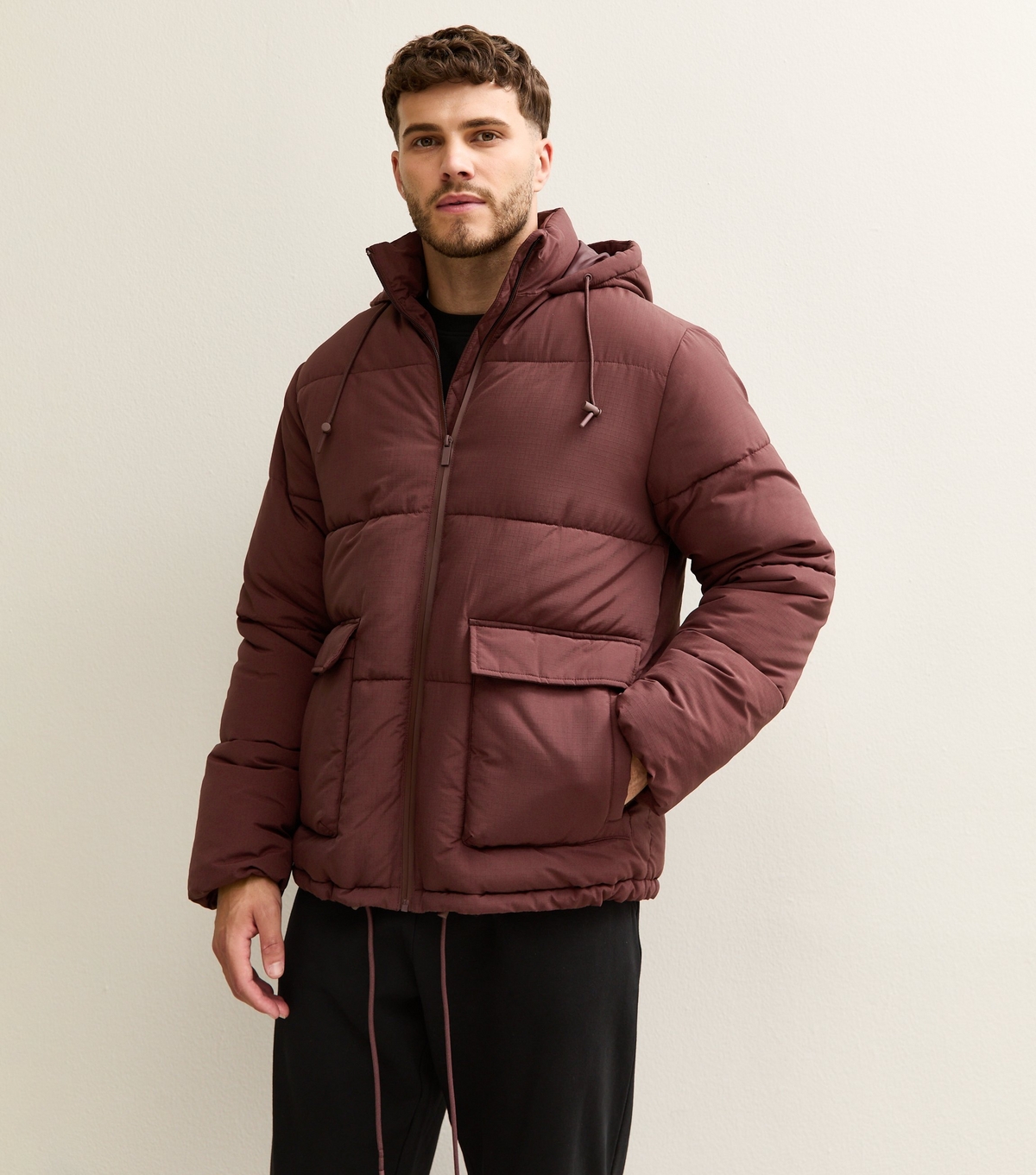 Men's Dark Brown Hooded Puffer Jacket New Look
