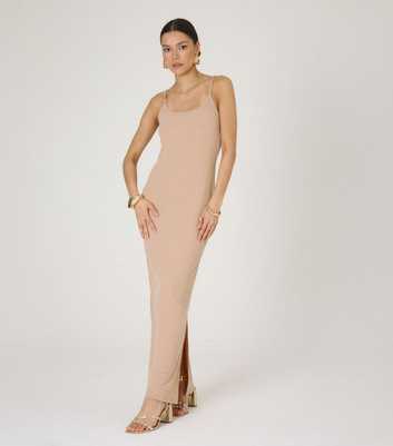 WKNDGIRL Beige Scoop Ribbed Maxi Dress