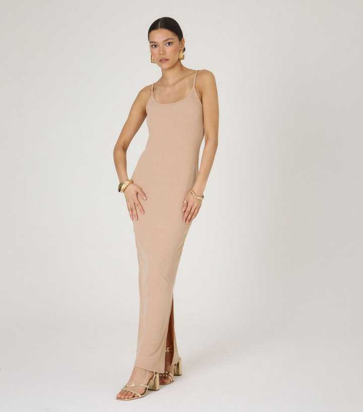 WKNDGIRL Beige Scoop Ribbed Maxi Dress New Look