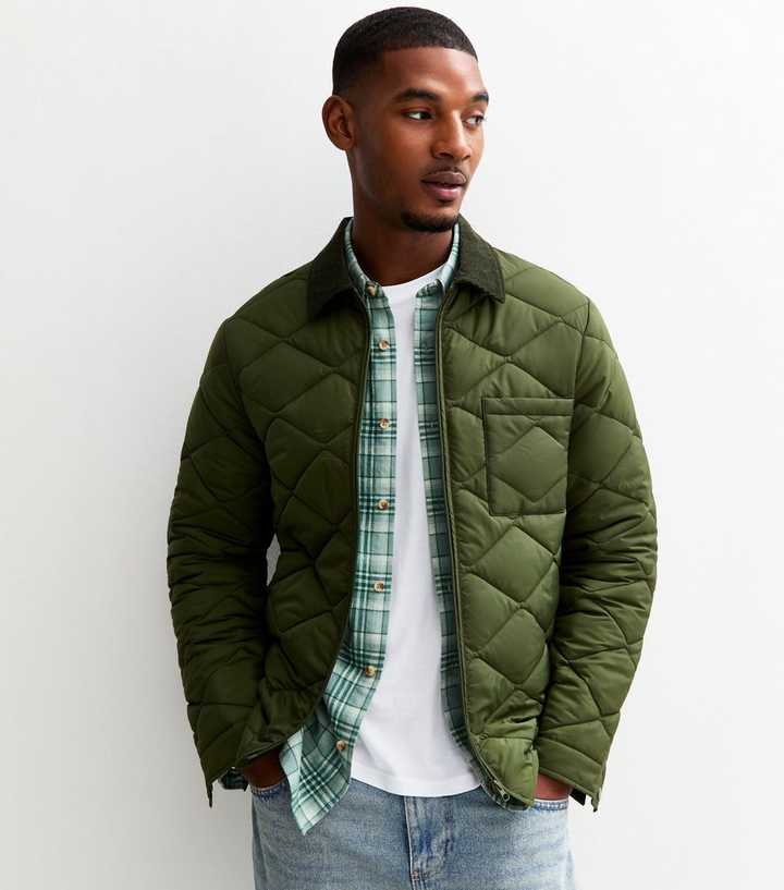 Green Regular Fit Corduroy Collar Quilted Jacket