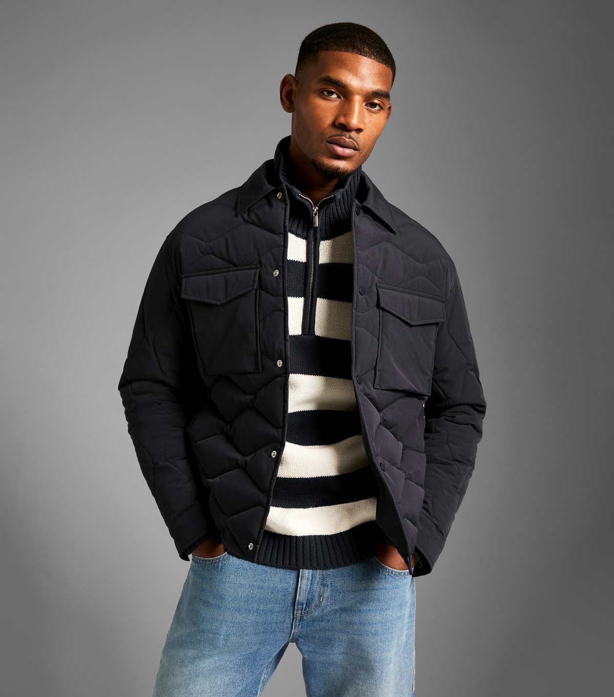 Men's Dark Grey Patch Pocket Collared Quilted Jacket New Look