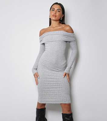 WKNDGIRL Grey Ribbed Bardot Midi Dress