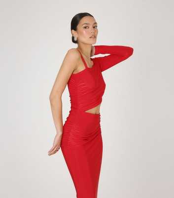 WKNDGIRL Red Ruched Cut Out Midi Dress