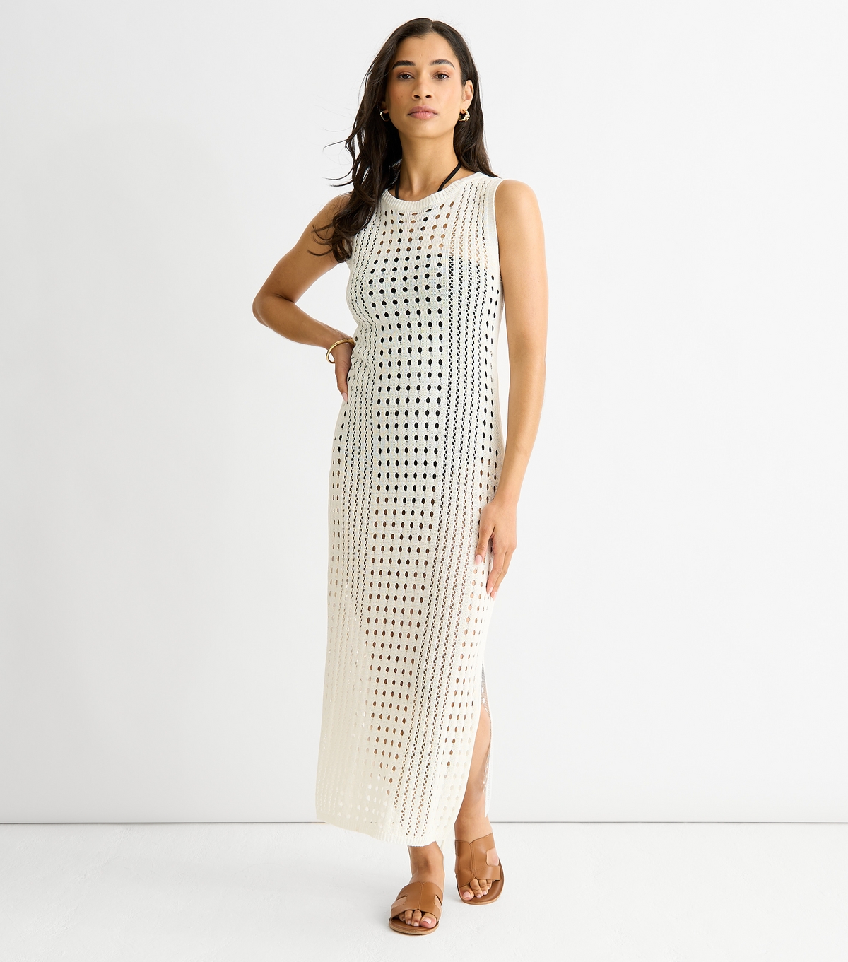 Women's White Crochet Knit Bodycon Midi Dress Gini London New Look
