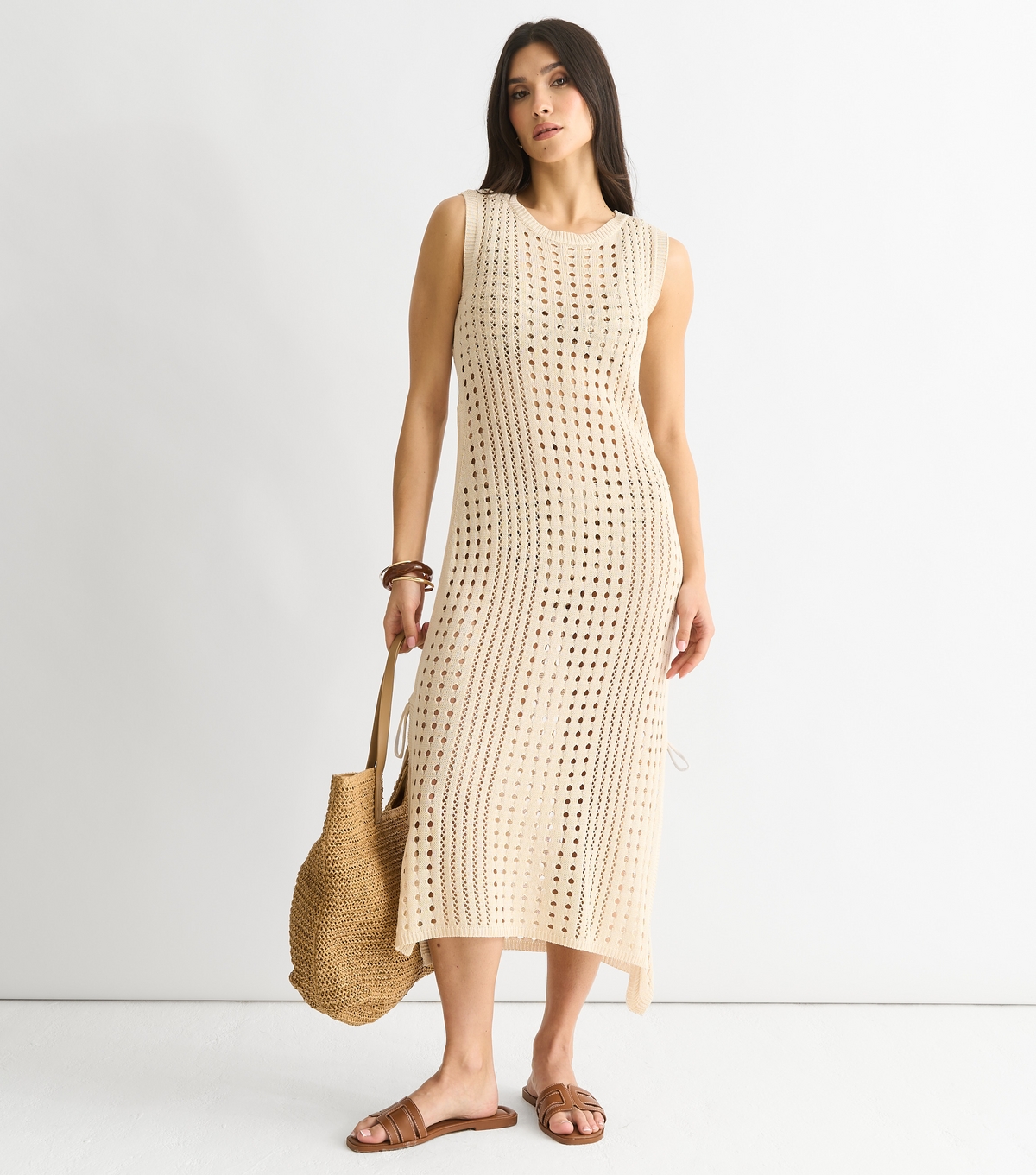 Women's Stone Crochet Knit Bodycon Midi Dress Gini London New Look
