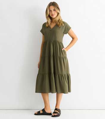 Gini London Khaki Tiered Midi Smock Dress