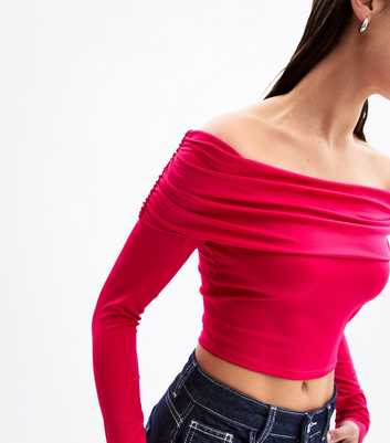Bright Pink Long Sleeve Ruched Bardot Top