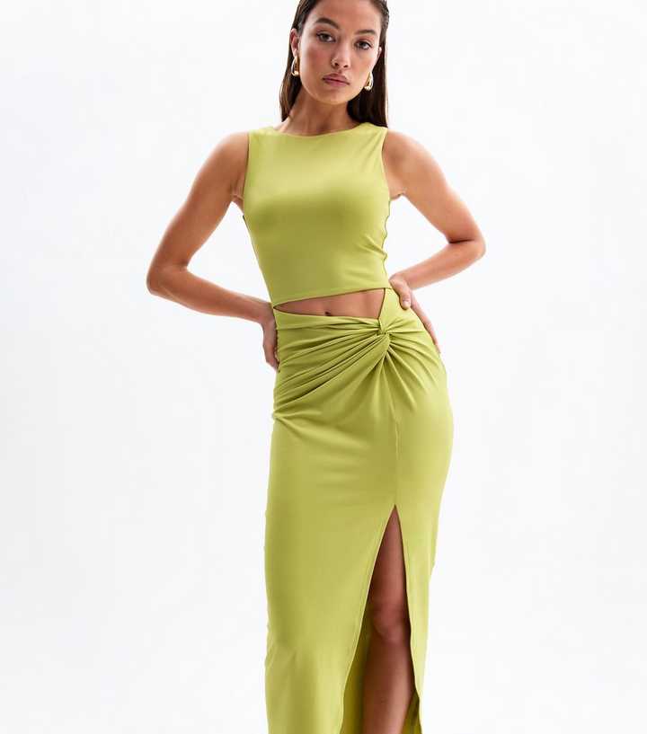 Light Green Cut Out Side Slit Midi Dress