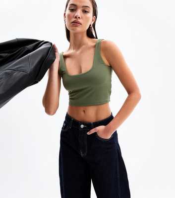 Khaki Square Neck Jersey Crop Top