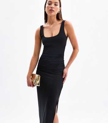 Black Square Neck Ruched Midi Dress