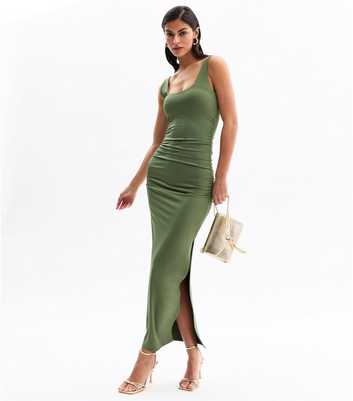 Khaki Square Neck Ruched Midi Dress