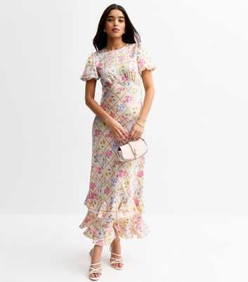Cream Floral Check Print Satin Maxi  Dress