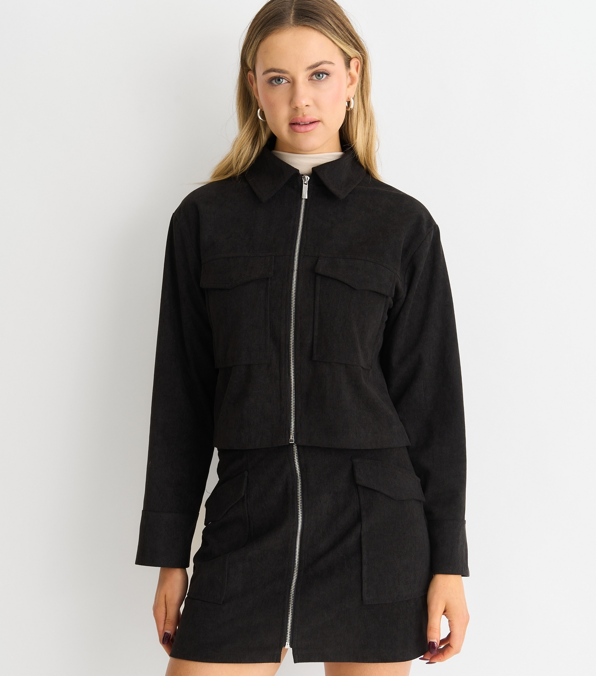 Women's Black Corduroy Zip Up Boxy Jacket Gini London New Look