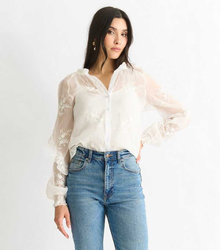 Gini London White Embroidered Puff Sleeve Top
