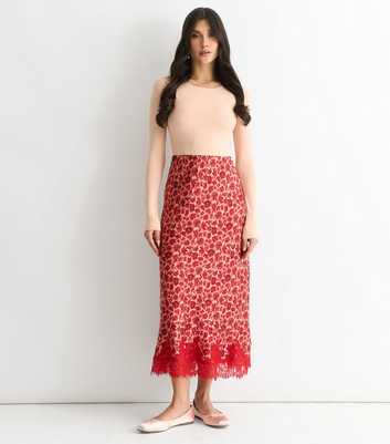 Gini London Red Floral Print Lace Trim Bias Midi Skirt
