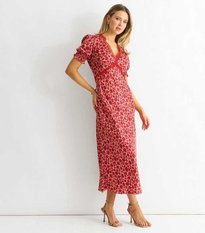 Gini London Red Floral Print Lace Trim Midi Dress | New Look