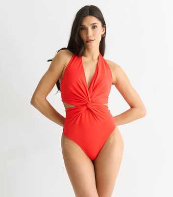 Gini London Orange Twisted Cut Out Halterneck Swimsuit 