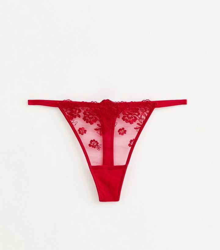 Red Floral Embroidered Mesh Thong