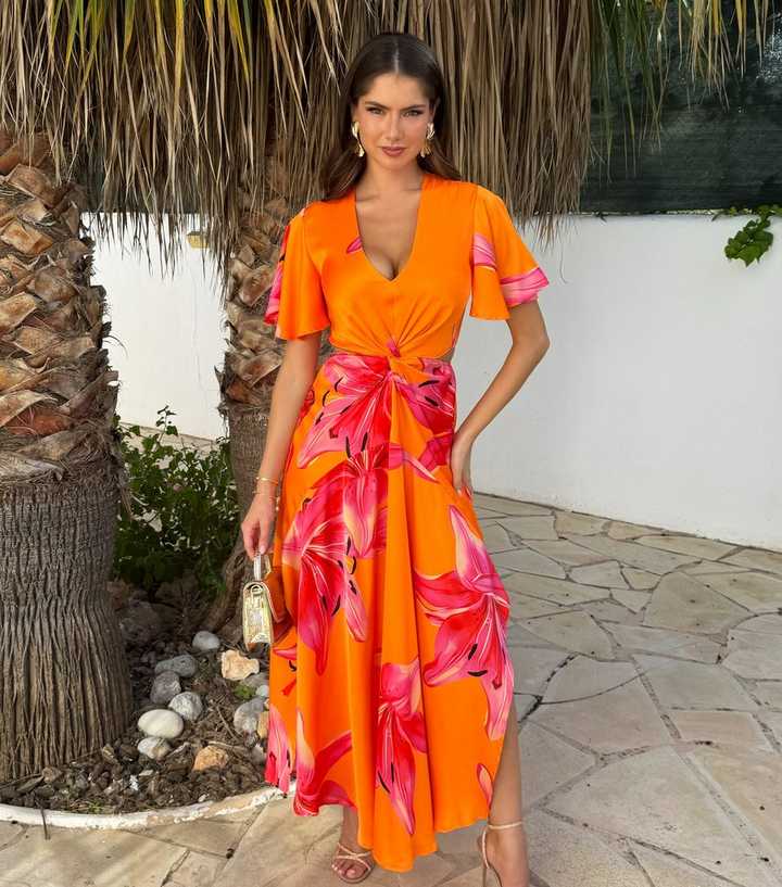 AX Paris Orange Floral Print V Neck Cut Out Knot Detail Midi Dress