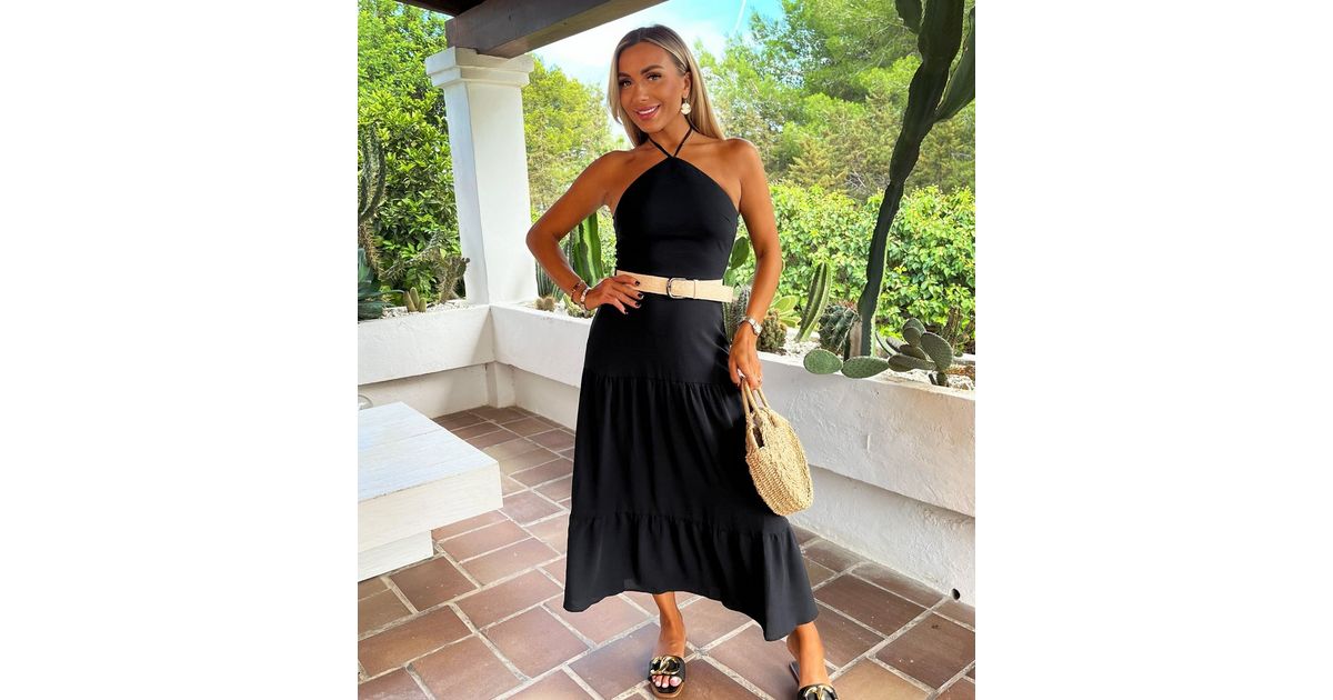 Straw Robe AX Paris Black Halterneck Straw Belt Tiered Midi Dress | New Look