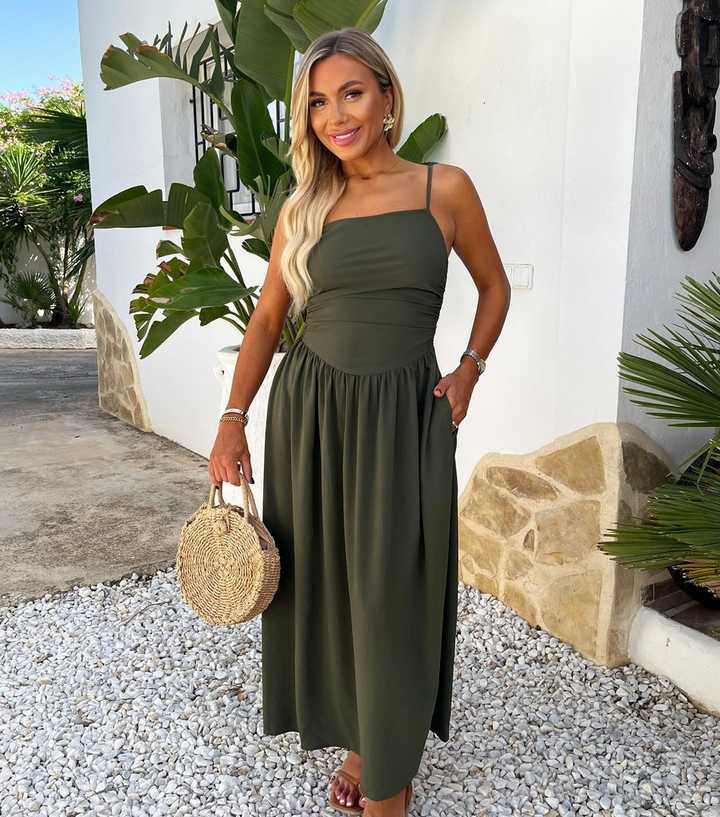 AX Paris Dark Khaki Drawstring Tie Straps Ruched Top Midi Dress | New Look
