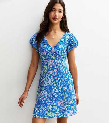 Blue Floral Print Ruched V-Neck Mini Dress