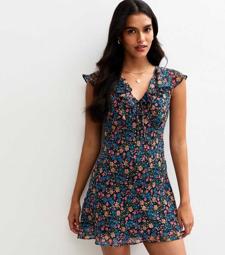 Black Floral Print Ruffled Chiffon Mini Dress