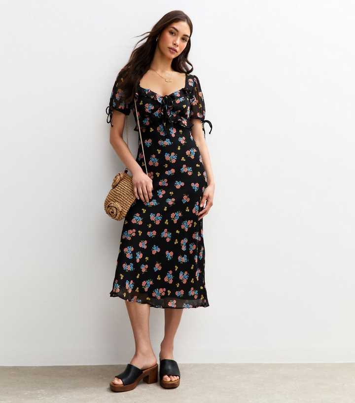 Black Chiffon Floral Print Midi Dress