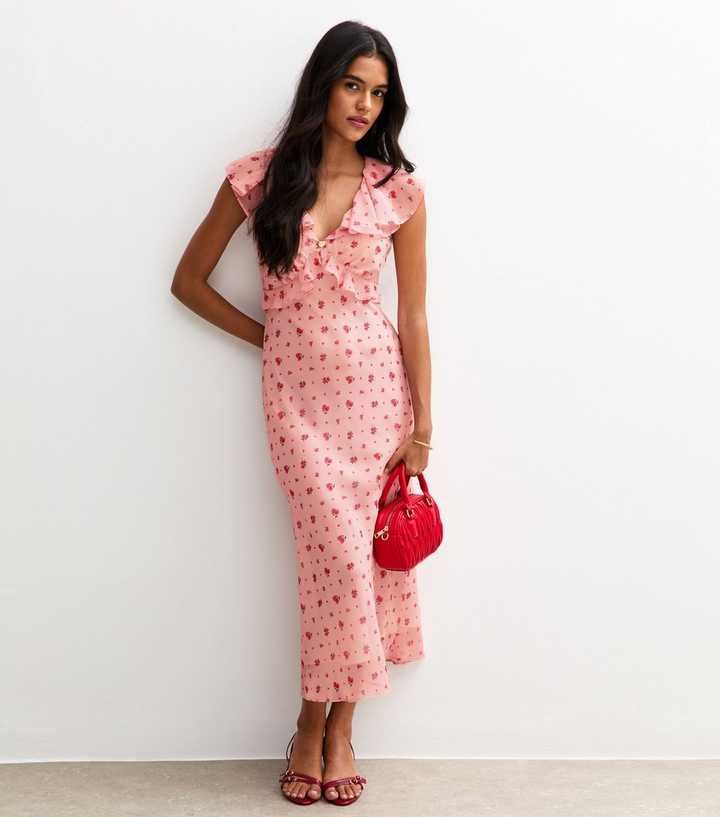 Pink Rose Print Ruffle Midi Dress