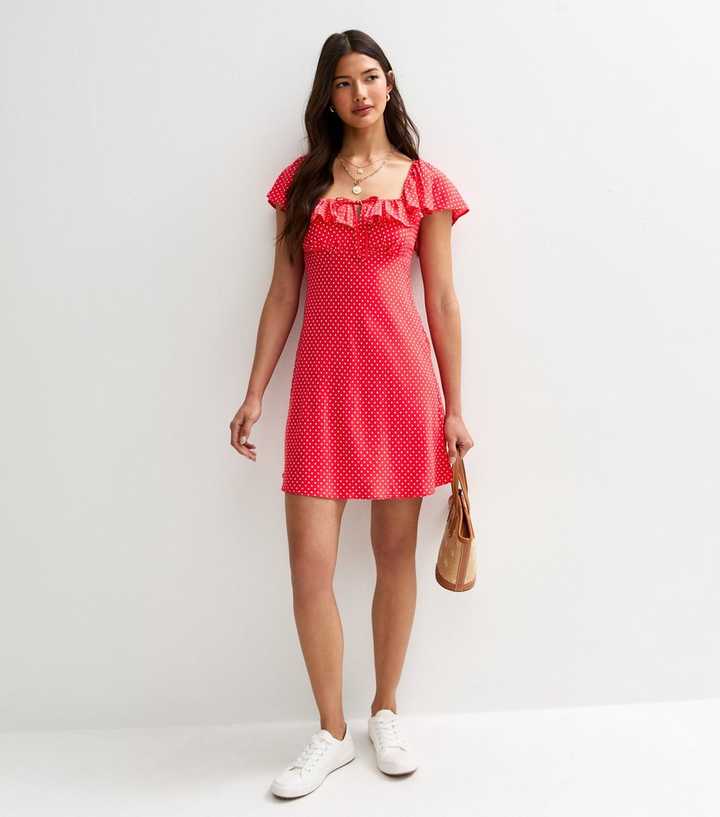 Red PolkaDot Print Frill Trim Mini Dress | New Look