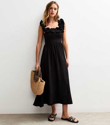 Black Square Neck Ruffled Bow Tie Back Midi Dress