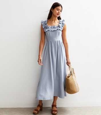 Light Blue Square Neck Ruffled Bow Tie Back Midi Dress