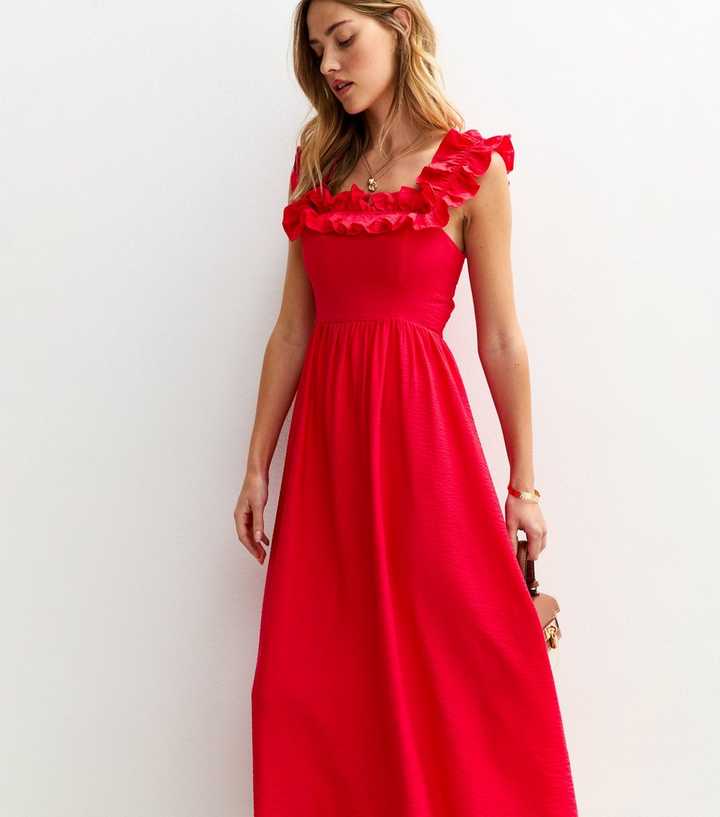 Bright Red Square Neck Ruffled Bow Tie Back Midi Dress