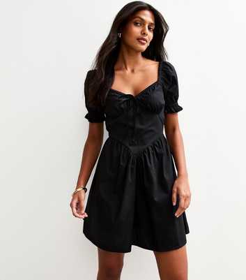 Black Short Sleeve Poplin V Waist Mini Dress