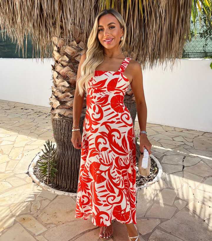 AX Paris Orange Tropical Print Shirred Straps Button Detail Midi Dress - Main Image