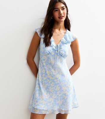 Blue Daisy Print Ruffle Trim Chiffon Mini Dress