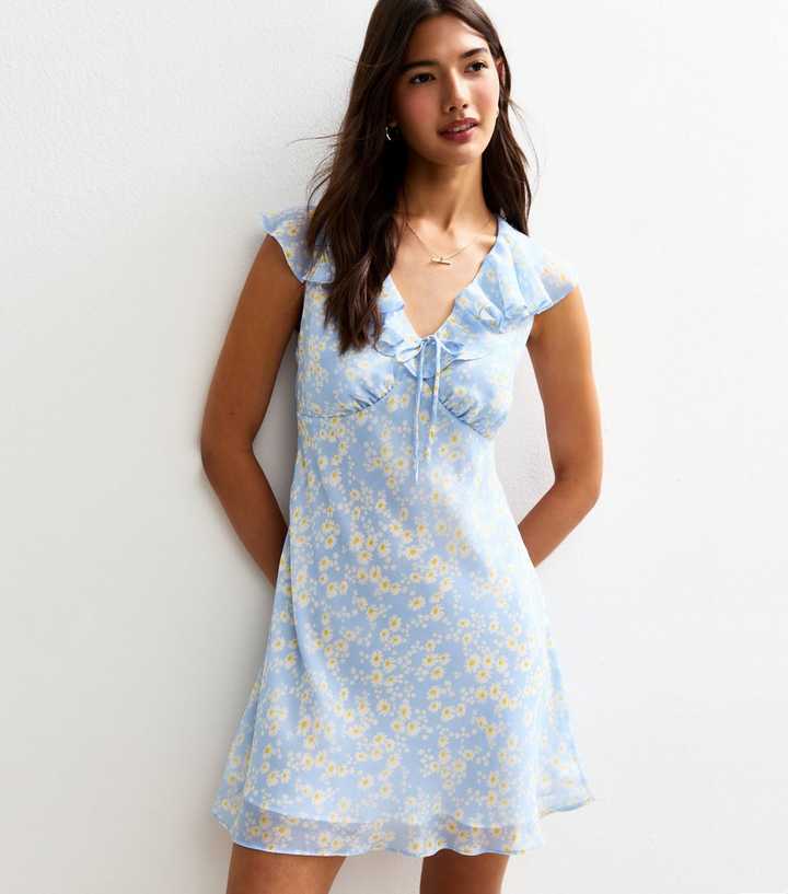 Blue Daisy Print Ruffle Trim Chiffon Mini Dress