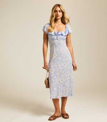 Blue Daisy Print Square Neck Frill Midi Dress